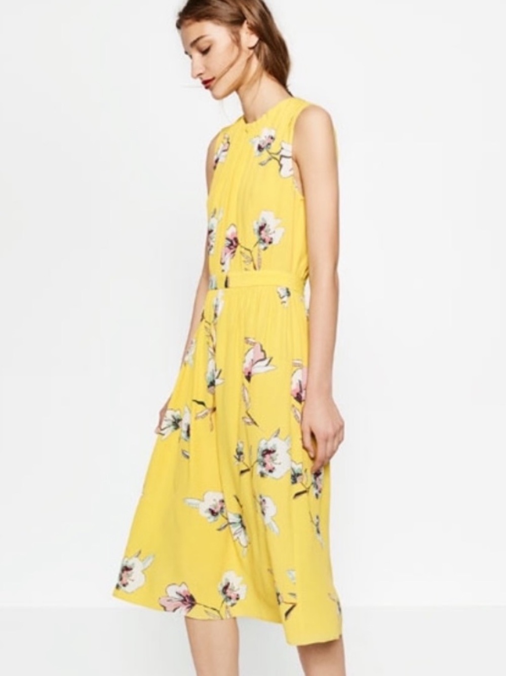 Zara Yellow Floral Sleeveless Midi Dress